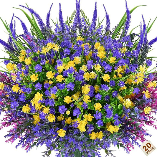 Artificial Plants Outdoor, 20PCS Artificial Flowers, UV Resistant Fake Flowers, Faux Flowers for Outdoor Planters for Home Garden Outside Porch Decor