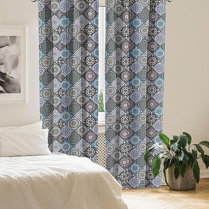 Ambesonne Moroccan Curtains, Detailed Flower Designs with Checkered Pattern and Antique Cultural Inspirations, Window Treatments 2 Panel Set for Living Room Bedroom, Pair of - 28" x 63", Blue Black