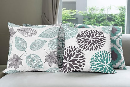 Ambesonne Vintage Throw Pillow Cushion Case Pack of 4, Bohemian Ornamental Leaves Dahlia Pattern Geometric Art Curlicue Motif, Modern Accent Double-Sided Digital Printing, 16", Teal Indigo and White