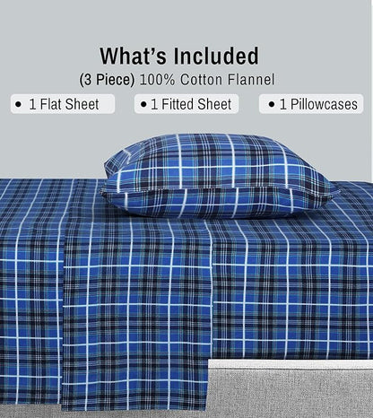 RUVANTI Flannel Sheets Twin XL Size - 100% Cotton Double Brushed Twin XL Sheet Sets, Deep Pockets 16 Inches, All Seasons Breathable & Extra Soft Bed Sheets, Warm & Cozy, 3 Piece, Blue Plaid
