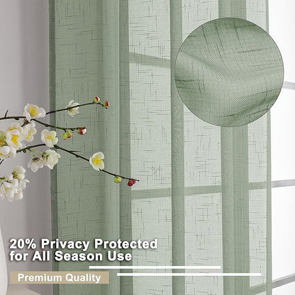 Aiyufeng Kirei Long Sage Green Sheer Curtains 96 Inch - Linen Look Privacy Sheer Curtains Window Treatment Drapes Farmhouse Decor for Bedroom Living Room Sliding Glass Door, 40Wx96L, 2 Panels