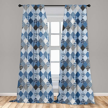 Ambesonne Geometric Window Curtains, Geometrical Diamond Shaped Lines with Various Nostalgic Fashioned Old Pattern, Decorative Panels Set of 2 with Rod Pocket, Pair of - 28" x 84", Black Blue