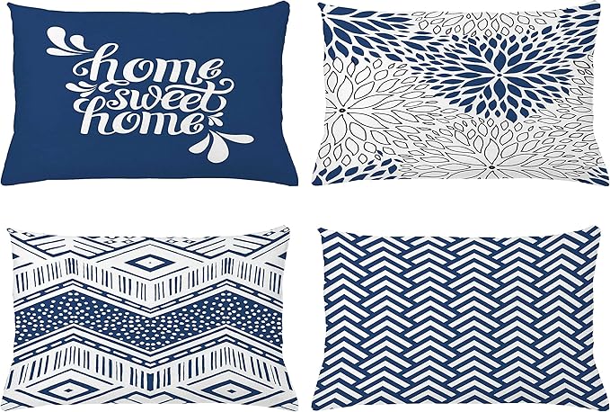 Ambesonne Modern Throw Pillow CushiCase Pack 4, Monochrome Design Sharp Angled Squama Scale Dahlia ChevrHome Phrase, Modern Accent Double-Sided Digital Printing, 20" x 12", Dark Sky Blue White