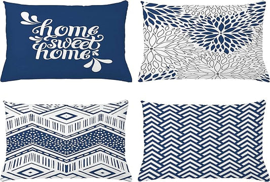 Ambesonne Modern Throw Pillow CushiCase Pack 4, Monochrome Design Sharp Angled Squama Scale Dahlia ChevrHome Phrase, Modern Accent Double-Sided Digital Printing, 20" x 12", Dark Sky Blue White