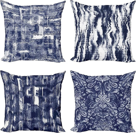 Ambesonne Vintage Throw Pillow Cushion Case Pack of 4, Abstract Grunge Effect Brushstrokes and Waving Striping Stains Paisley Drops, Modern Accent Double-Sided Digital Printing, 24", Violet Blue White