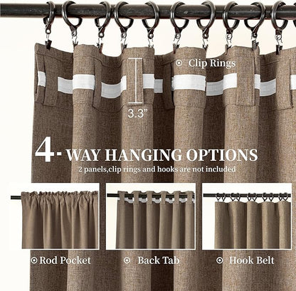 100% Blackout Brown Linen Curtains 90 Inches Long for Bedroom, Hook Belt Back Tab Farmhouse Tan Curtains Light Blocking Noise Reducing for Living Room Office, Rustic Privacy Draperies(52x90, 2 PCs）