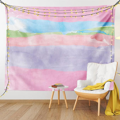 Lunarable Abstract Tapestry Twin Size, Paintbrush Watercolor Large Pastel Horizontal Stripes in Various Tones Boho Print, Wall Hanging Bedspread Bed Cover Wall Decor, Twin Size, Lilac Pink