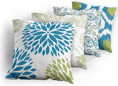 Ambesonne Vintage Throw Pillow Cushion Case Pack of 4, Bohemian Ornamental Leaves Dahlia Pattern Geometric Art Curlicue Motif, Modern Accent Double-Sided Digital Printing, 16", Blue Olive Green White