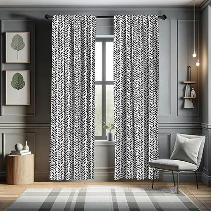 Ambesonne Black and White Window Curtains, Modern Grunge Botany Motif Monochrome Brush Paint Style Strokes, Lightweight Decor 2-Panel Set with Rod Pocket, Pair of - 28" x 84", White and Black