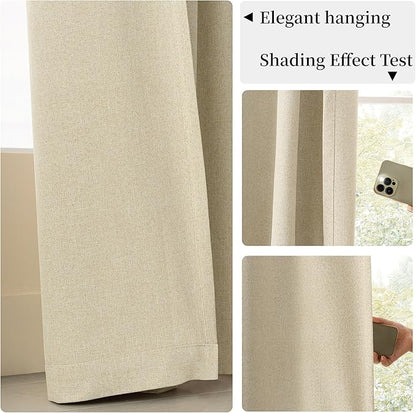 KangBang Linen Blackout Curtains 90 Inches Long, 2Pcs Black Out Beige Curtains, Farmhouse Back Tab Loop Pocket Thermal Insulated Energy Saving Drapes for Bedroom Baby Nursery, Natural Cream, 52Wx90L