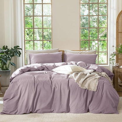 MooMee Bedding Duvet Cover Set 100% Washed Cotton Linen Like Textured Breathable Durable Soft Comfy (Solid Taro Purple, Super King Plus 120"x120")