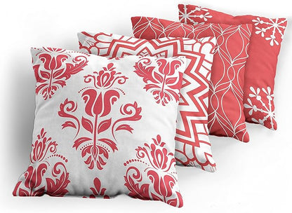 Ambesonne Retro Throw Pillow Cushion Case Pack of 4, Trellis Grid Medieval Floral Damask Mandala Flower Ornament in Modern Monochrome, Modern Accent Double-Sided Digital Printing, 16", Dark Coral