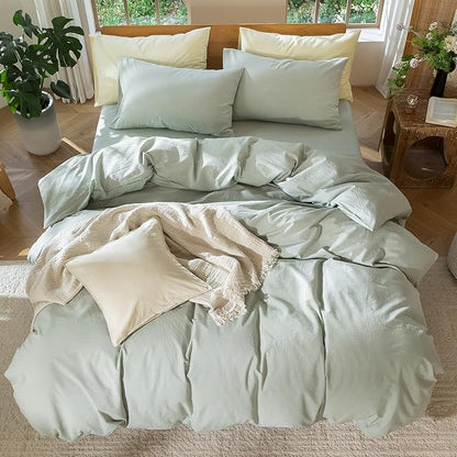 MooMee Bedding Duvet Cover Set 100% Washed Cotton Linen Like Textured Breathable Durable Soft Comfy (Heathered Sage Green, Super King Plus 120"x120")