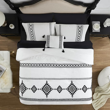 MaiRêve Embroidery Comforter Set Queen Size - 7 Piece, White Boho Western Bedding All Season Bed in A Bag, Farmhouse Queen Comforter Set with Sheets, Pillowcases & Shams