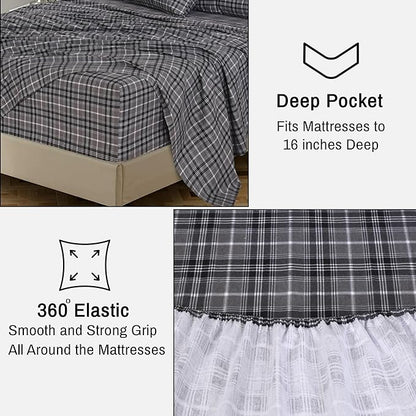 RUVANTI Flannel Sheets Queen Size - 100% Cotton Double Brushed Bed Sheets, Deep Pockets 16 Inches Queen Sheet Set, All Seasons Breathable & Extra Soft - Warm & Cozy, 4 Piece, Grey Plaid