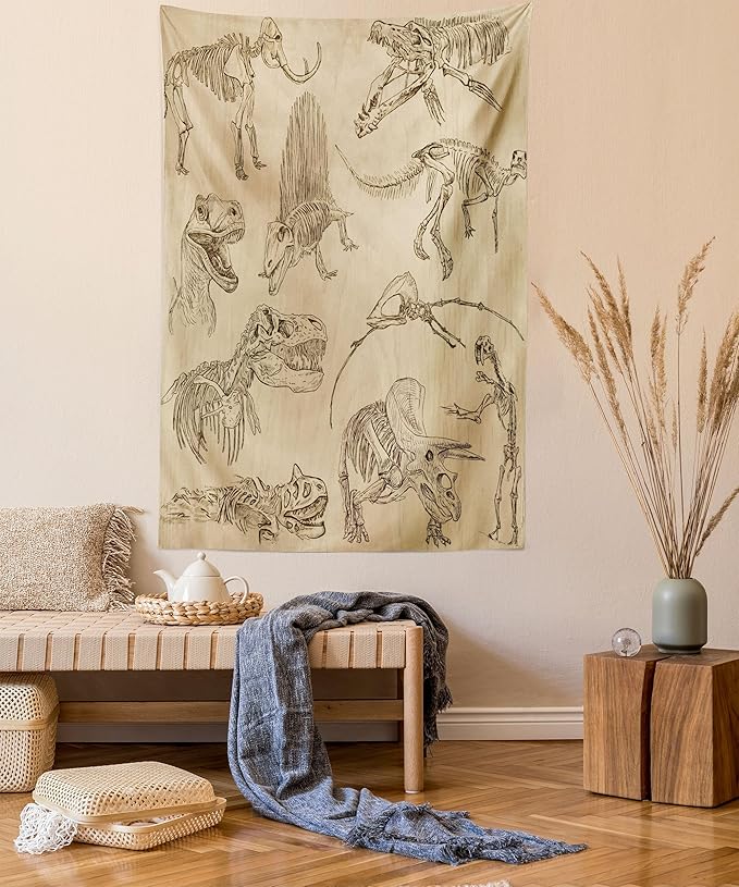Lunarable Dinosaur Tapestry Twin Size, Hand Drawn Style Skeletons Bones from Medieval Times Archeology Theme, Wall Hanging Bedspread Bed Cover Wall Decor, Twin Size, Sand Brown Army Green