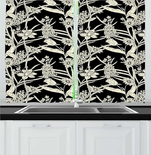 Lunarable Vintage Kitchen Curtains, Nature Inspired Pattern with Spring Flowers Monochrome Engraved Design, Window Drapes 2 Panel Set for Kitchen Cafe Decor, 55" x 30", Charcoal Grey and Cream
