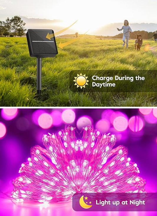Minetom Solar String Lights for Outside, 2 Packs Total 66Ft 200 LED Outdoor Solar Fairy Lights, 8 Modes Balcony Lights for Tree Patio Christmas Party Wedding Decor (Pink)