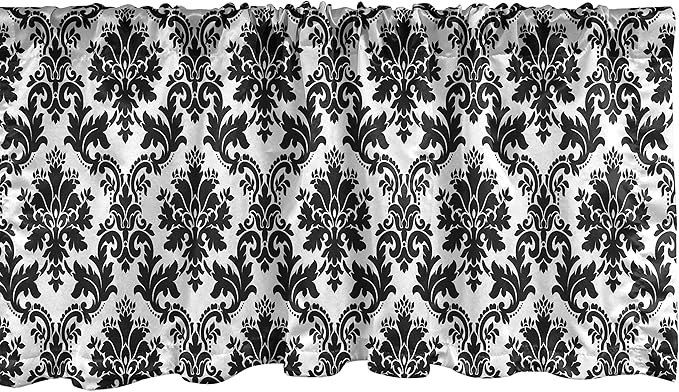 Lunarable Damask Window Valance, Vintage Style Pattern Classical Victorian Interior Design Elements Floral Print, Curtain Valance for Kitchen Bedroom Decor with Rod Pocket, 54" X 12", Black White