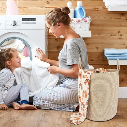 Cotton Rope Laundry Basket Hamper for Clothes Woven Storage Basket for Living Room Bedroom Boho Tall Rope Baskets for Blanket Toys Pillow Towels Baby Nursery Hamper Bin oatmeal