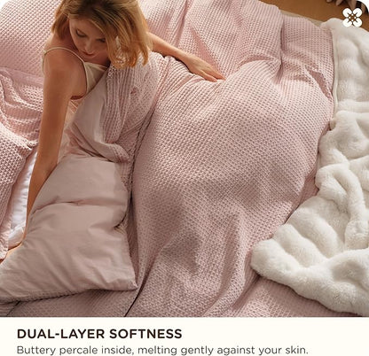 Bedsure Cotton Duvet Cover King - 100% Cotton Waffle Weave Pink Duvet Cover King Size, GentleSoft™ and Breathable Bedding Set for All Season, 3 Pieces, 104"x90"