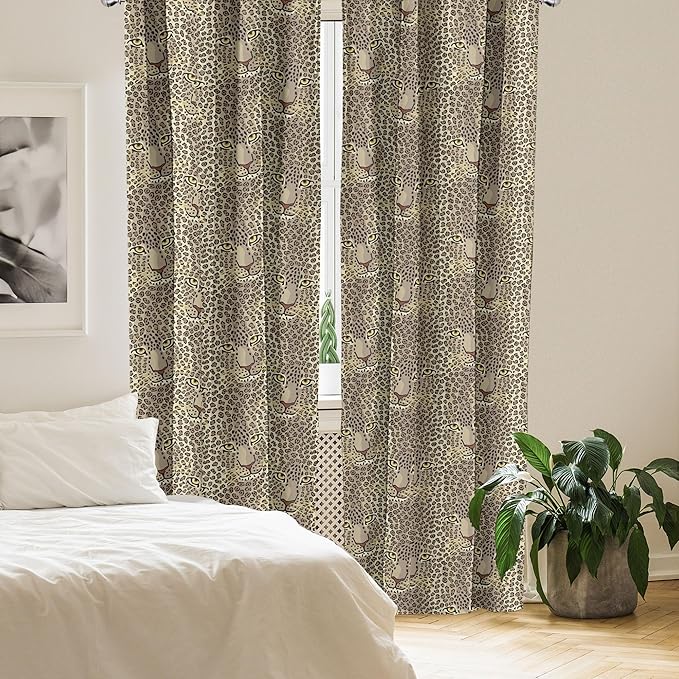 Ambesonne Leopard Print Curtains, Repetitive Cartoon Leo Wild Big Cat Faces in Natural Earthy Tones, Window Treatments 2 Panel Set for Living Room Bedroom, Pair of - 28" x 63", Tan