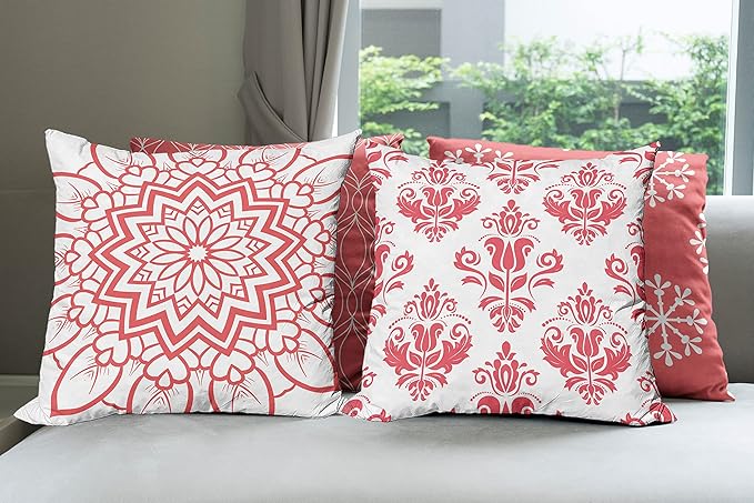 Ambesonne Retro Throw Pillow Cushion Case Pack of 4, Trellis Grid Medieval Floral Damask Mandala Flower Ornament in Modern Monochrome, Modern Accent Double-Sided Digital Printing, 20", Dark Coral