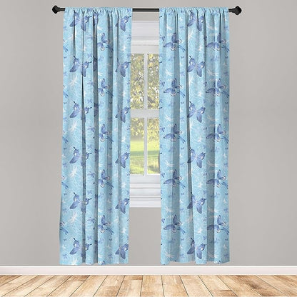 Ambesonne Butterfly Window Curtains, Pastel Color Dragonflies Floral Arrangement Swirls Curves Spring, Lightweight Decor 2-Panel Set with Rod Pocket, Pair of - 28" x 84", White Blue