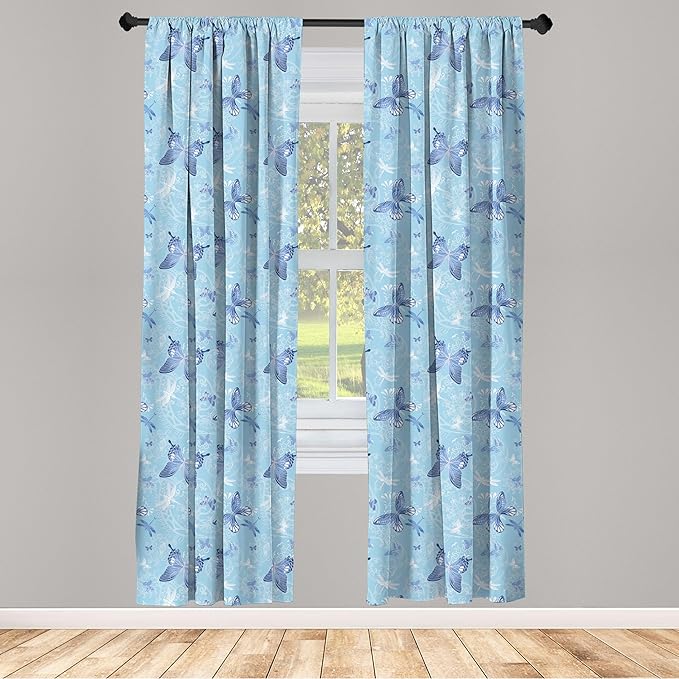 Ambesonne Butterfly Window Curtains, Pastel Color Dragonflies Floral Arrangement Swirls Curves Spring, Lightweight Decor 2-Panel Set with Rod Pocket, Pair of - 28" x 63", White Blue