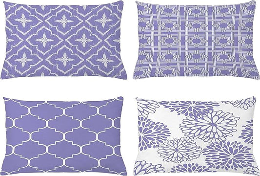 Ambesonne Vintage Throw Pillow CushiCase Pack 4, Monochrome Design Grid Trellis Quatrefoil Mesh Dahlia Flowers Modern Print, Modern Accent Double-Sided Digital Printing, 20" x 12", Lavender White