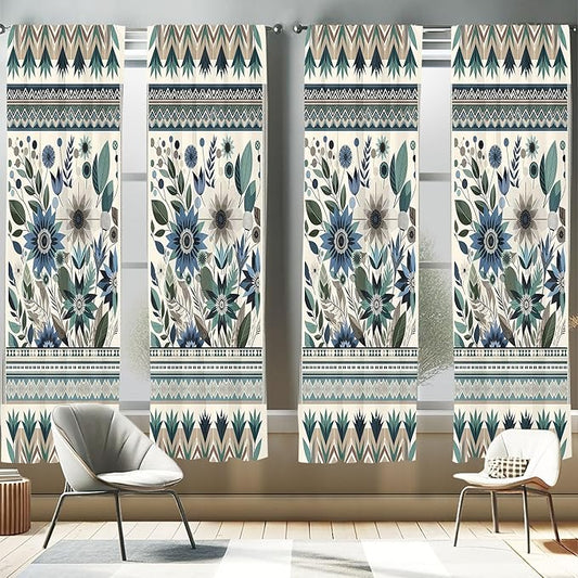 Ambesonne Art Floral Window Curtains Pack of 2, Gentle Flowers and Leaves of Spring Garden with Ethnic Boho Details, Lightweight Set with Rod Pocket, 4 Panels of - 28" x 63", Eggshell Laurel Green