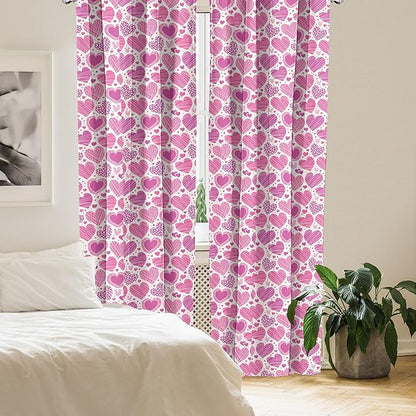 Ambesonne Valentines Window Curtains Pack of 2, Romantic Heart Shapes with Many Different Designs Polka Dots Crossed Lines, Lightweight Set with Rod Pocket, 4 Panels of - 28" x 63", Pink White