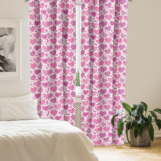 Ambesonne Valentines Window Curtains, Romantic Heart Shapes with Many Different Designs Polka Dots Crossed Lines, Lightweight Decorative Panels Set of 2 with Rod Pocket, 56" x 84", Pink White