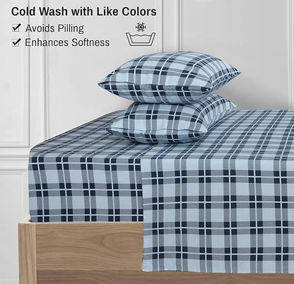 RUVANTI Flannel Sheets Full Size - 100% Cotton Double Brushed Bed Sheets Set, Deep Pockets 16 Inches, All Seasons Breathable & Extra Soft Full Sheets, Warm & Cozy, 4 Piece, Illusion Check