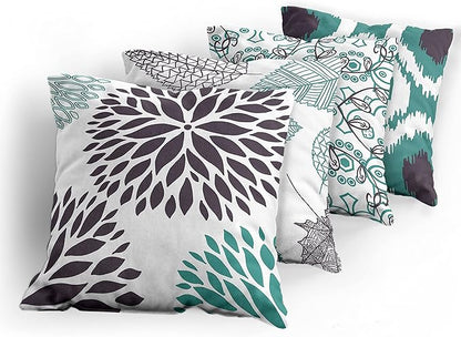 Ambesonne Vintage Throw Pillow Cushion Case Pack of 4, Bohemian Ornamental Leaves Dahlia Pattern Geometric Art Curlicue Motif, Modern Accent Double-Sided Digital Printing, 16", Teal Indigo and White