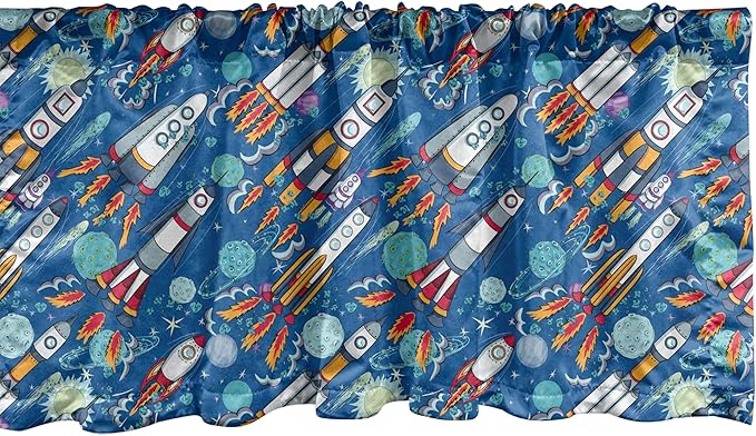 Ambesonne Spaceship Window Valance Pack of 2, Hand-Drawn Cartoon Spaceships Planets and Stars Outer Space Exploration Theme, Rod Pocket Curtain Valances for Kitchen Bedroom, 54" X 18", Violet Blue