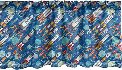 Ambesonne Spaceship Window Valance, Hand-Drawn Cartoon Spaceships Planets and Stars Outer Space Exploration Theme, Curtain Valance for Kitchen Bedroom Decor with Rod Pocket, 54" X 12", Violet Blue