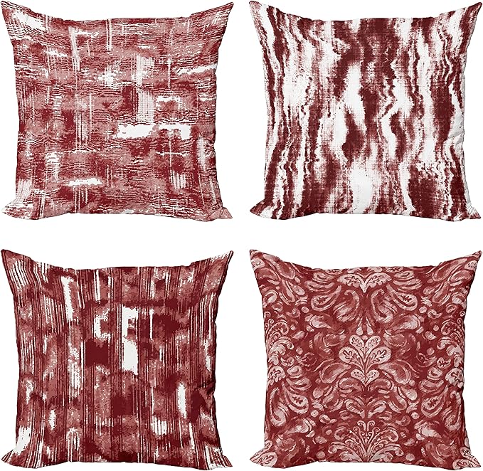 Ambesonne Vintage Throw Pillow Cushion Case Pack of 4, Abstract Grunge Effect Brushstrokes and Waving Striping Stains Paisley Drops, Modern Accent Double-Sided Digital Printing, 18", Maroon Rust White
