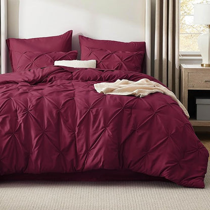 Bedsure King Size Comforter Set Burgundy - Bed in a Bag Bedding Set 7 Pieces, GentleSoft™ Pintuck Bed Set Gift for Family, Pinch Pleat Burgundy Comforter with Sheets, Pillowcases & Shams