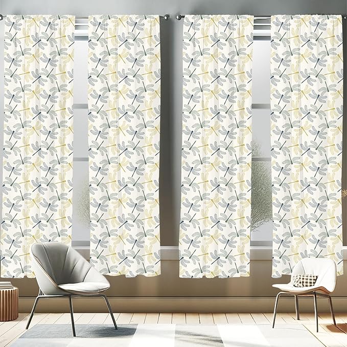 Ambesonne Dragonfly Window Curtains Pack of 2, Colorful Silhouettes of Exotic Insects Open Wings Beauty of Nature, Lightweight Set with Rod Pocket, 4 Panels of - 28" x 95", Green Mustard