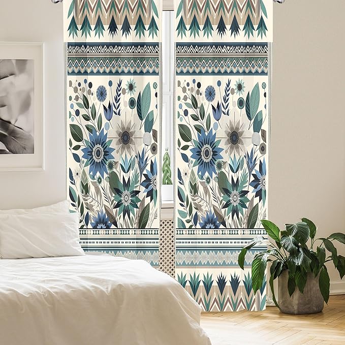 Ambesonne Art Floral Curtains, Gentle Flowers and Leaves of Spring Garden with Ethnic Boho Details, Window Treatments 2 Panel Set for Living Room Bedroom, Pair of - 28" x 63", Eggshell Laurel Green