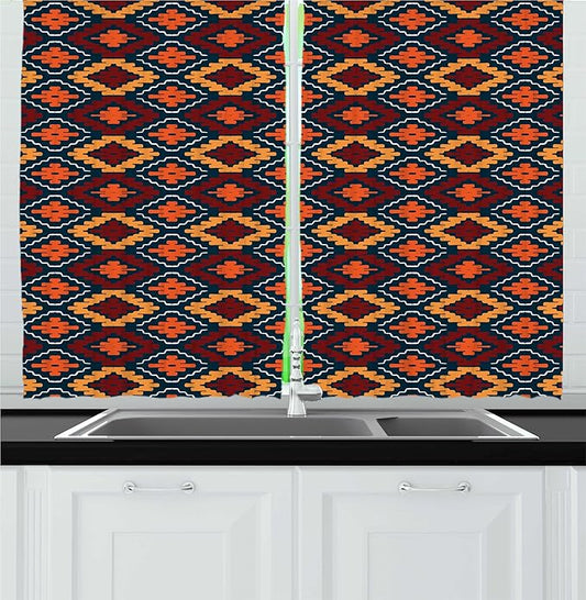 Lunarable Ethnic Kitchen Curtains, Tribal Motif Effect Mexican Folkloric Colorful Geometric Shapes, Window Drapes 2 Panel Set for Kitchen Cafe Decor, 55" x 24", Dark Teal Marigold and Ruby