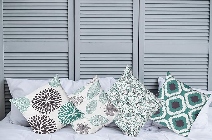 Ambesonne Vintage Throw Pillow Cushion Case Pack of 4, Bohemian Ornamental Leaves Dahlia Pattern Geometric Art Curlicue Motif, Modern Accent Double-Sided Digital Printing, 16", Teal Indigo and White