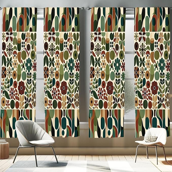 Ambesonne Scandinavian Window Curtains Pack of 2, Abstract Geometric Art of Leaves and Flowers with Bohemian Feel, Lightweight Set with Rod Pocket, 4 Panels of - 28" x 84", Olive Green Redwood Beige