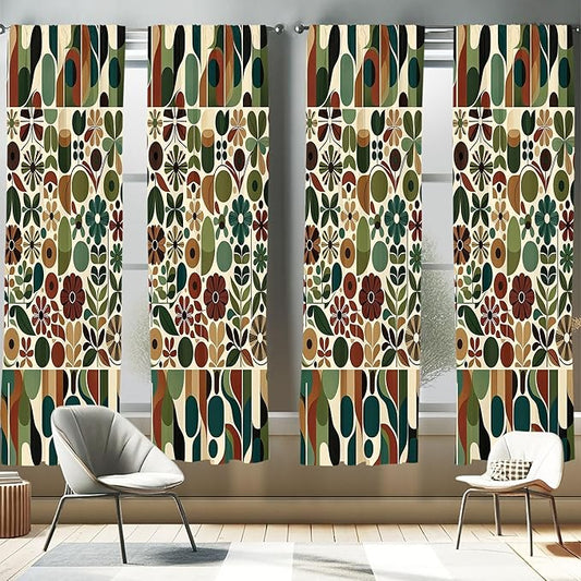 Ambesonne Scandinavian Window Curtains Pack of 2, Abstract Geometric Art of Leaves and Flowers with Bohemian Feel, Lightweight Set with Rod Pocket, 4 Panels of - 28" x 84", Olive Green Redwood Beige