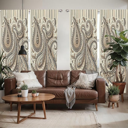 Ambesonne Paisley Window Curtains Pack of 2, Delicate Bohemian Leafy Motives on Stripes in Neutral Muted Colors, Lightweight Set with Rod Pocket, 4 Panels of - 28" x 84", Warm Taupe Ivory and Sepia