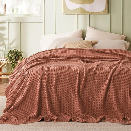 Bedsure Cooling Cotton Waffle Queen Size Blanket - Lightweight Breathable Blanket of Rayon Derived from Bamboo for Hot Sleepers, Luxury Throws for Bed, Couch and Sofa, Red Orange, 90x90 Inches