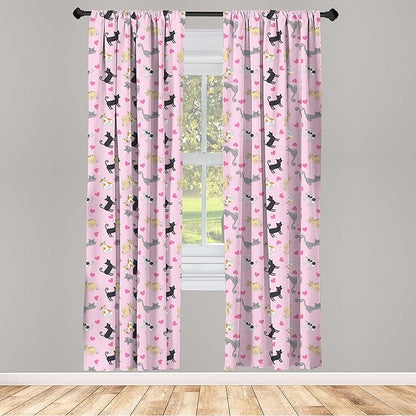 Ambesonne Kitty Curtains, Cats in Colorful Design and Patterns Among Pink Hearts Resting Happy Stretching, Window Treatments 2 Panel Set for Living Room Bedroom, Pair of - 28" x 95", Soft Pink