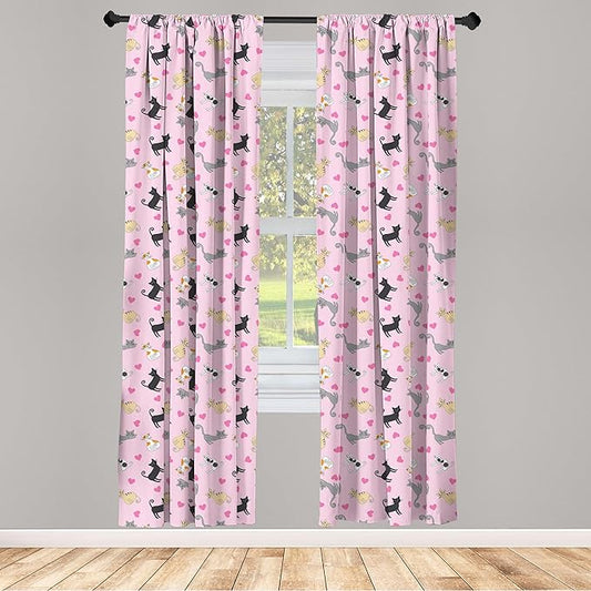 Ambesonne Kitty Curtains, Cats in Colorful Design and Patterns Among Pink Hearts Resting Happy Stretching, Window Treatments 2 Panel Set for Living Room Bedroom, Pair of - 28" x 63", Soft Pink