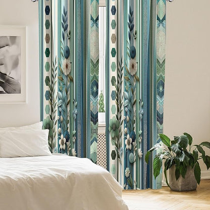 Ambesonne Bohemian Window Curtains Pack of 2, Hexagons Floral Botany Art in Cold Colors Ocean and Nature Tones, Lightweight Set with Rod Pocket, 4 Panels of - 28" x 63", Teal Green and Sea Blue